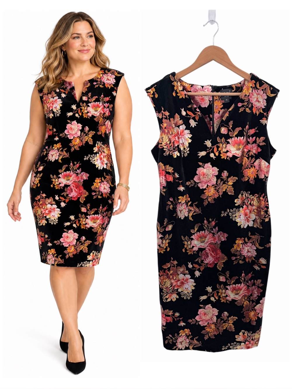 ECI New York Floral Velvet Sheath Dress Size 10 Dark Romantic Fall Midi
